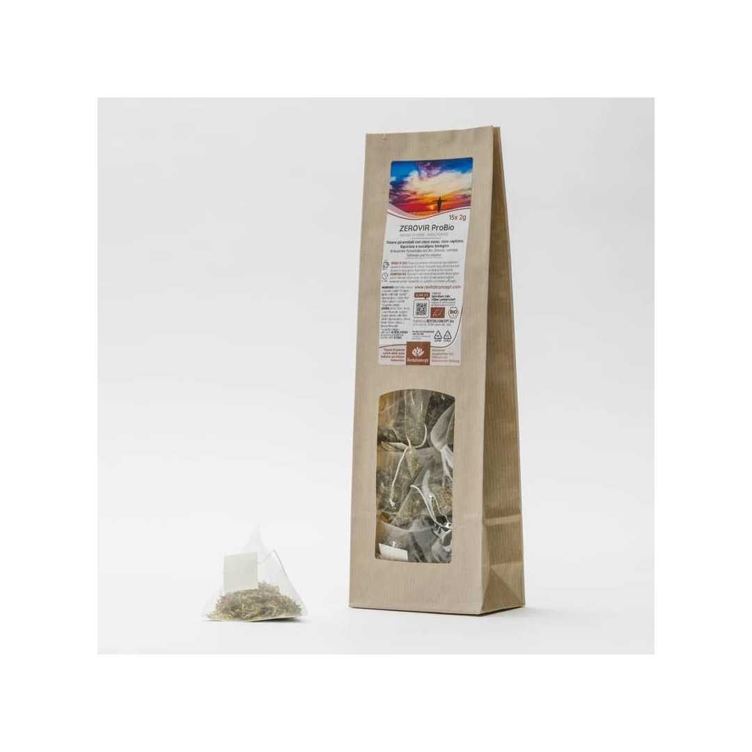 ZEROVIR ProBio triangle tea bags with organic Rock Rose, Thyme, Liquorice & Southern blue gum